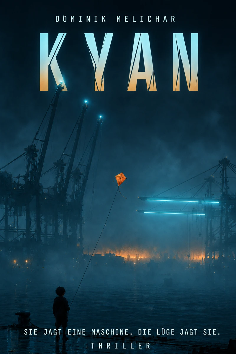 Buchcover von KYAN von Dominik Melichar: ein Kind mit einem orangefarbenen Drachen vor einem nebligen Hafen. Der Titel leuchtet in Türkis und Gold.